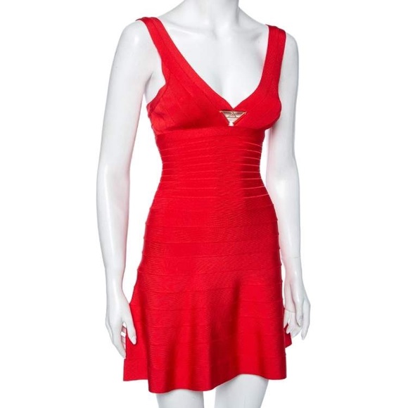 Herve Leger Poppy Red Dress with Gold Logo. Size Small. - Picture 5 of 6